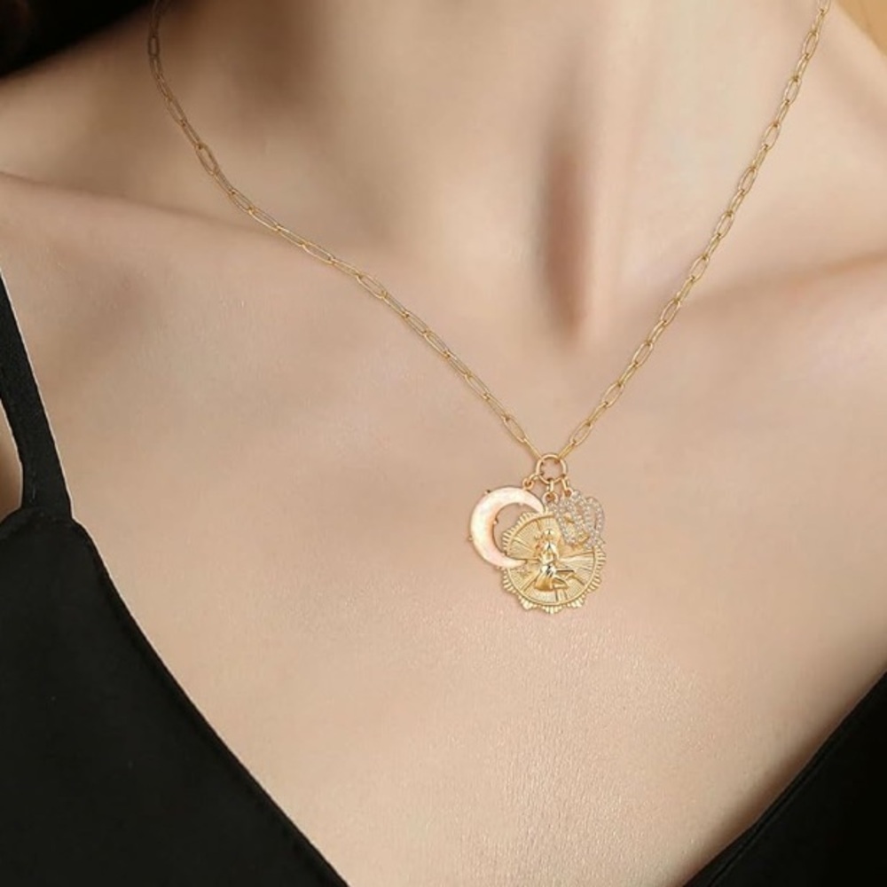 Cancer zodiac charm necklace in gold with opal crescent moon, blinged cancer - Picture 3 of 3
